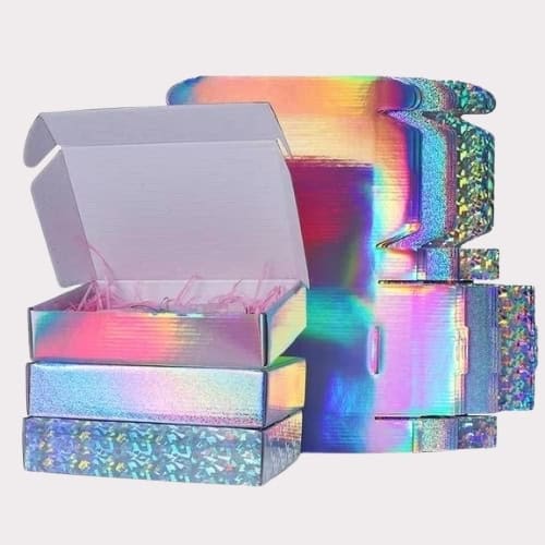 Boîte d'expédition en carton ondulé brillant avec feuille holographique